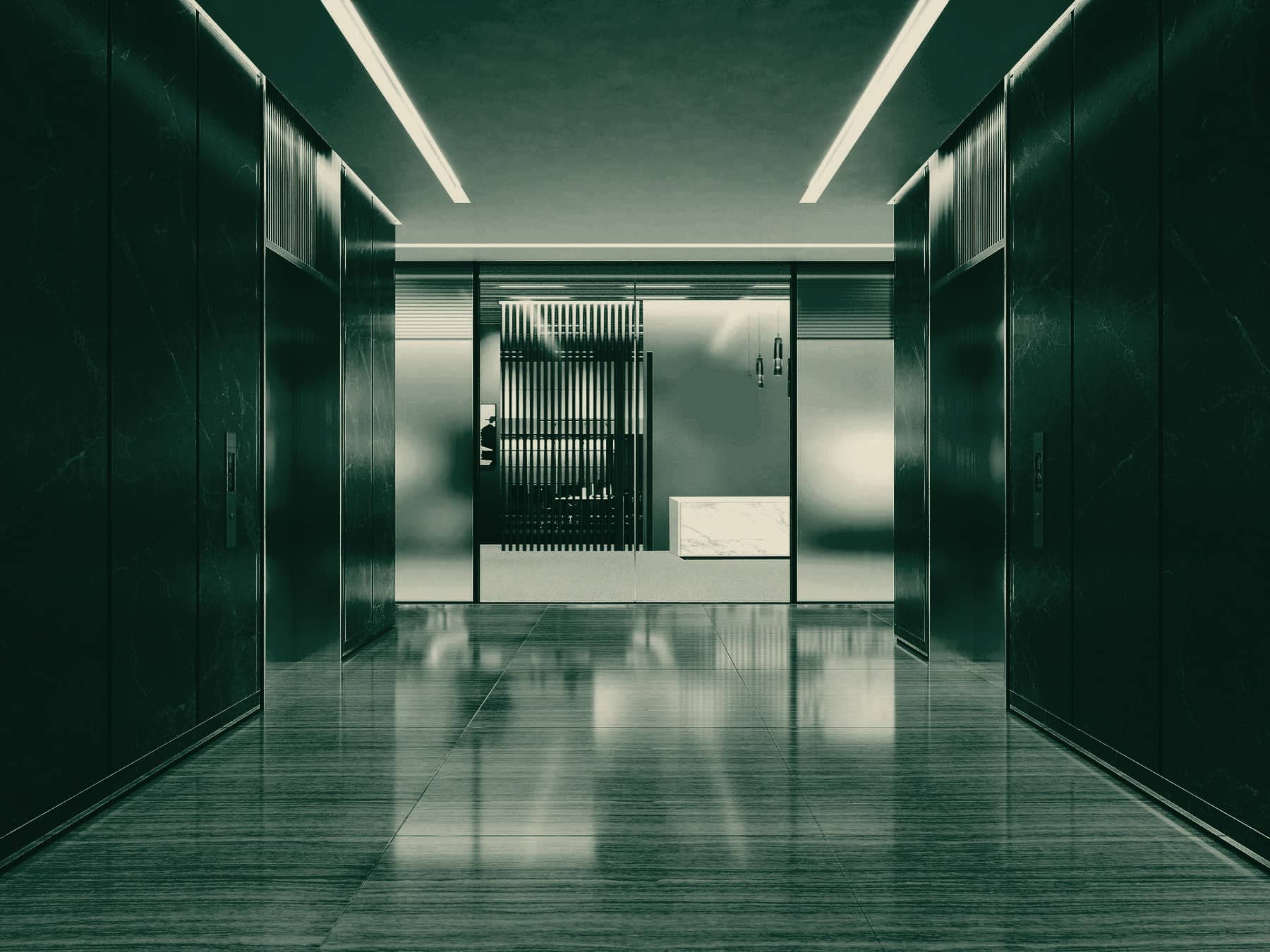 A calm marble corporate corridor