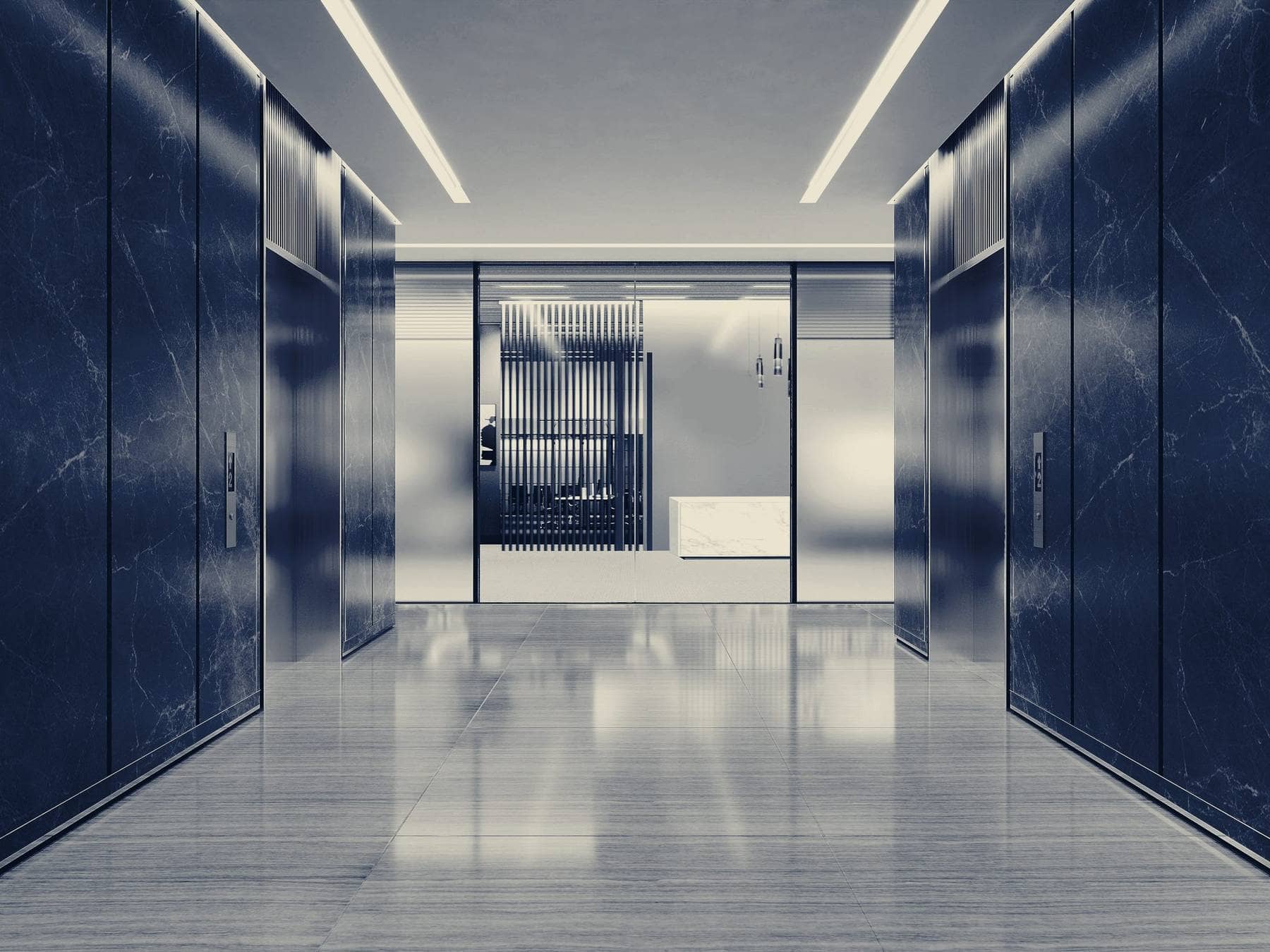 A calm marble corporate corridor